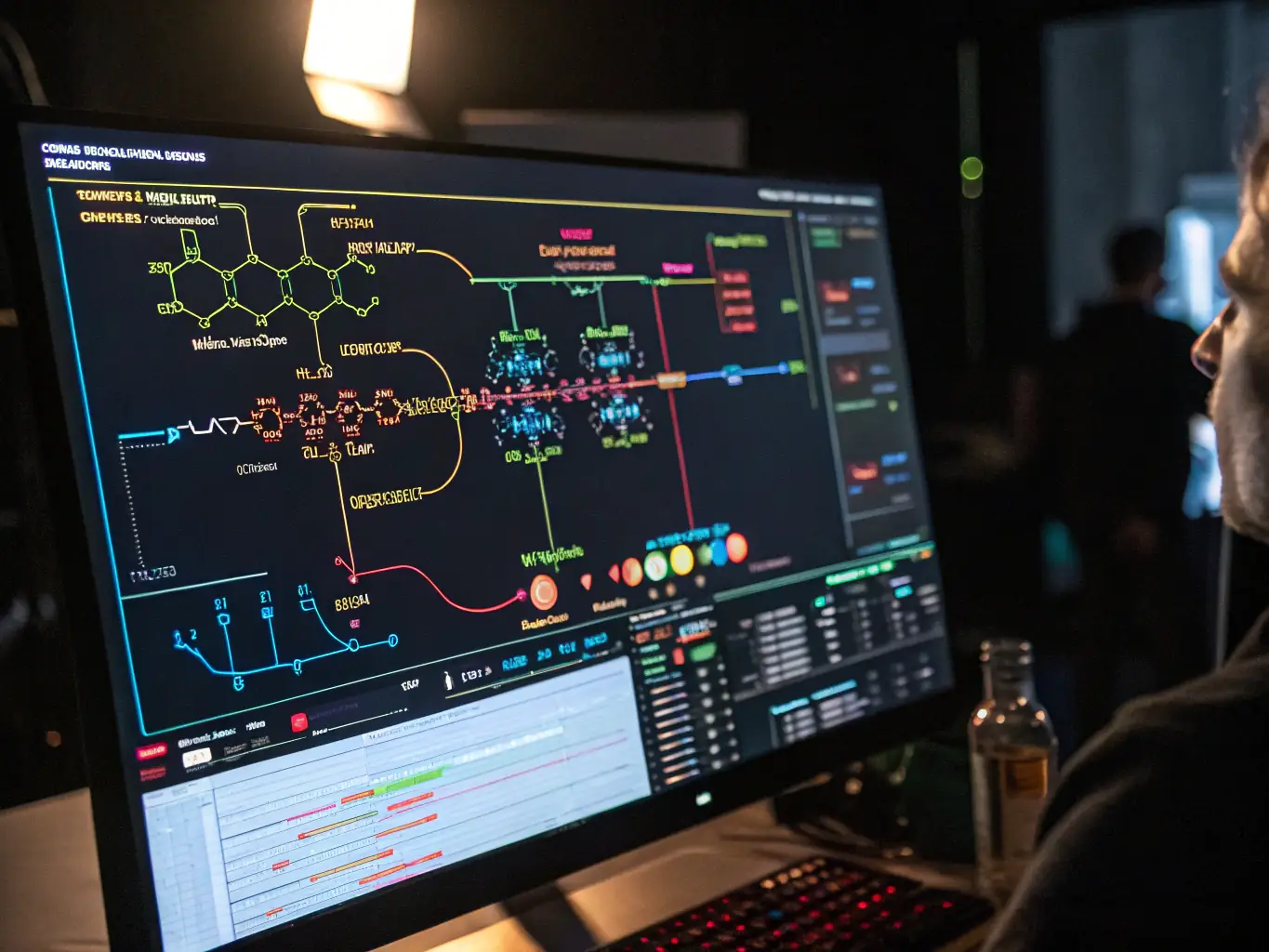 An image showcasing a computer simulation of a metabolic pathway, representing Enviko's expertise in metabolic engineering for biosynthesis.