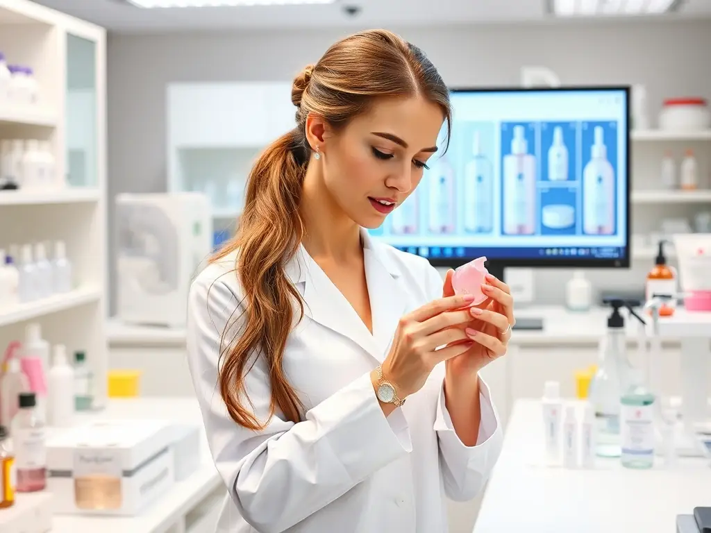 A cosmetic lab with researchers developing a new skincare product using biosynthesis, highlighting Enviko's cosmetic biosynthesis services.