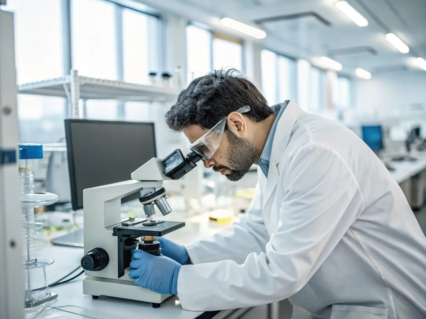 An image depicting a scientist using sophisticated analytical equipment to analyze the composition of a biosynthesized product.