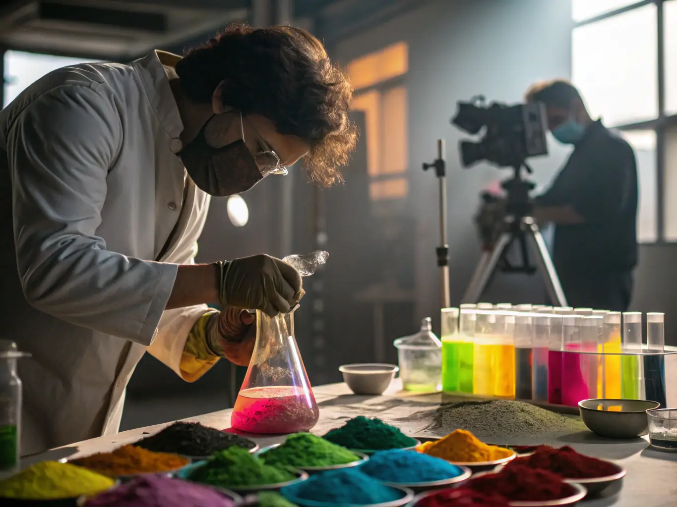 An image depicting cosmetic ingredients being synthesized in a lab, highlighting the natural and sustainable aspects of cosmetic biosynthesis.