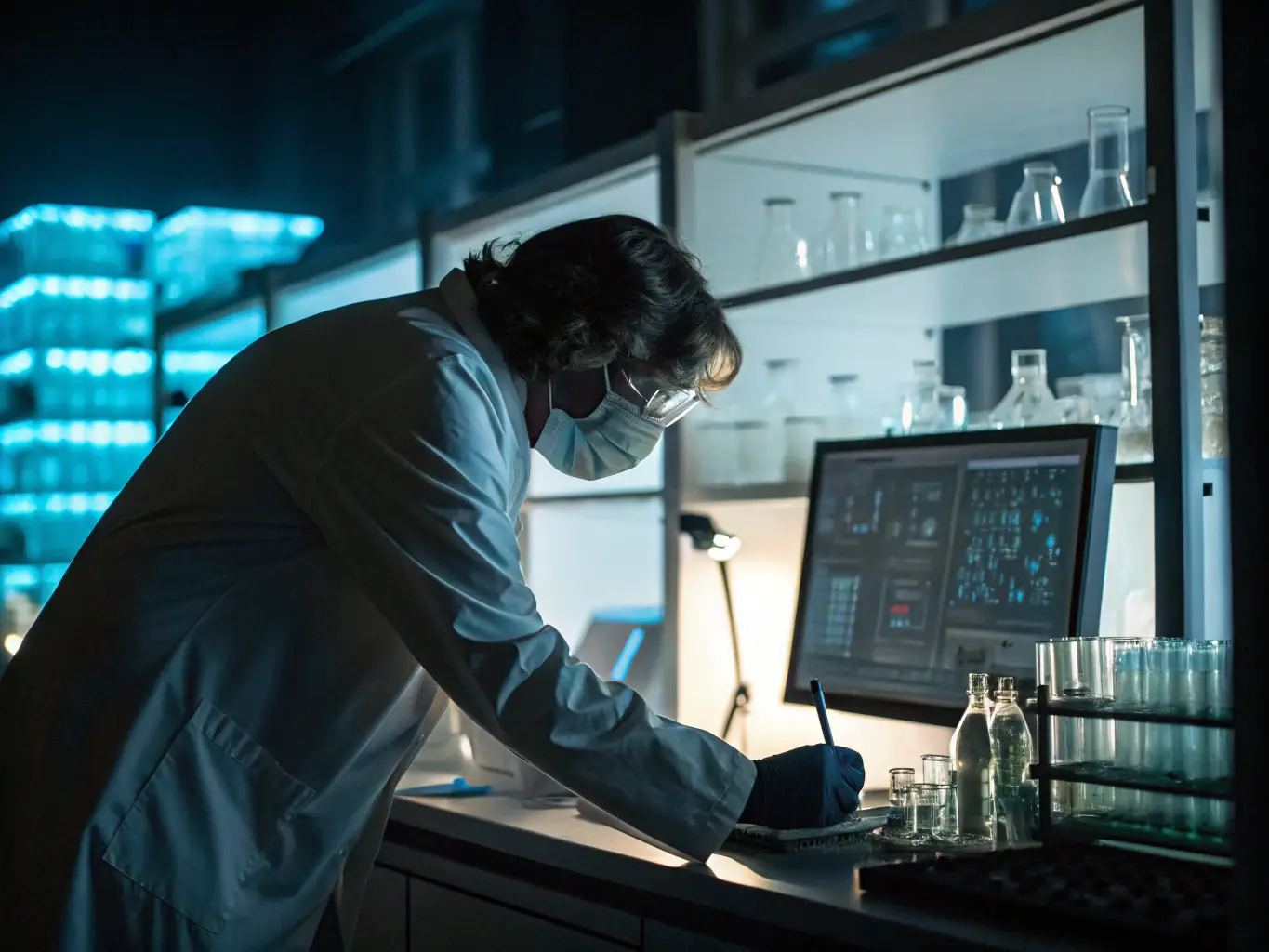 A detailed image of a scientist working with advanced bioreactor equipment in a state-of-the-art laboratory, focusing on pharmaceutical biosynthesis research.