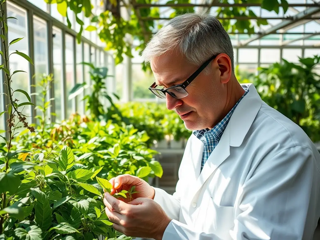 An image showing Enviko's agricultural biosynthesis process, with crops growing in a controlled environment and scientists analyzing plant samples.