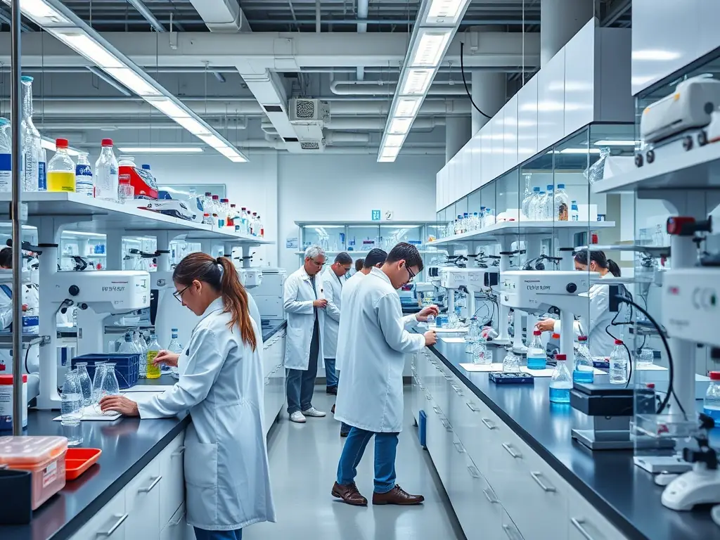 A detailed, high-resolution image showcasing Enviko's pharmaceutical biosynthesis process, with scientists in lab coats working with advanced equipment.