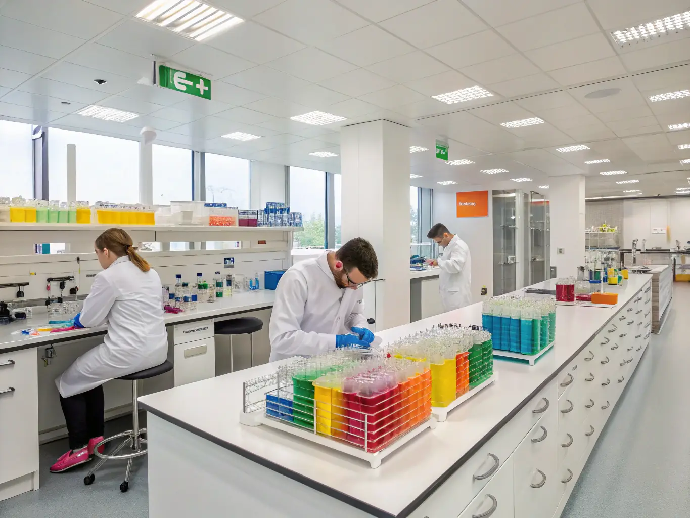 A pharmaceutical research lab with scientists in clean suits working on biosynthesis of a new drug compound, showcasing Enviko's pharmaceutical biosynthesis services.